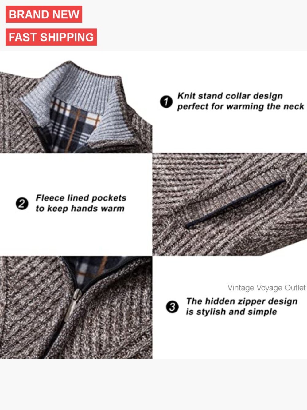 Men's Full Zip Cardigan Sweater Stand Collar Knitted Fleece Lined Pockets - Picture 3 of 7